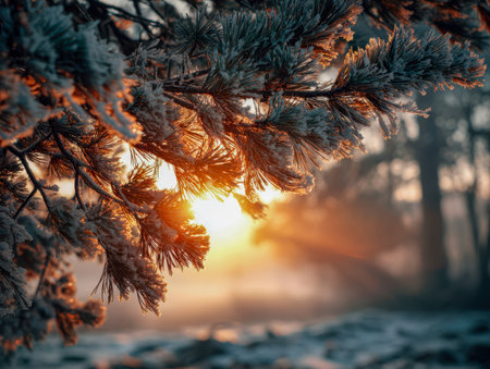 Delicate pine limbs adorned with icy frost catch the early morning glow, casting a gentle warmth across a peaceful winter woodland scene with luminous rays.の写真素材