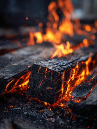 Vibrant orange and red flames dance over burnt wood, casting flickering shadows in the darkness, capturing the raw power and warmth of a lively nighttime fire.の写真素材