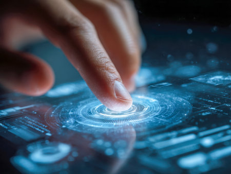 An individual engages with an innovative holographic display, surrounded by luminous icons and high-tech controls seamlessly integrated into a crystal-clear, transparentの写真素材