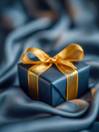 A sophisticated dark navy box adorned with a shimmering gold bow, placed atop plush, silky fabric, perfect for conveying luxury during celebrations.の写真素材