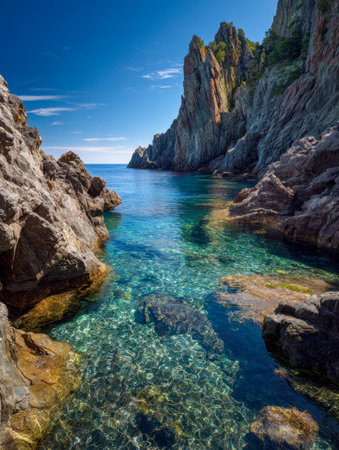 Tranquil waters shimmer in shades of turquoise, caressing jagged cliffs under a vivid azure sky, revealing vivid coral and marine life beneath the surface.の写真素材