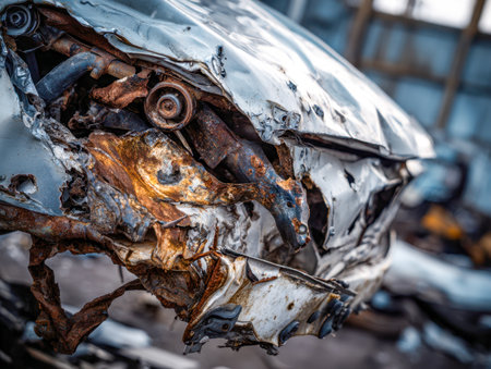 Close-up of a corroded, mangled vehicle front, exhibiting deep rust and shattered metal, set against a blurred industrial scrapyard backdrop.の写真素材