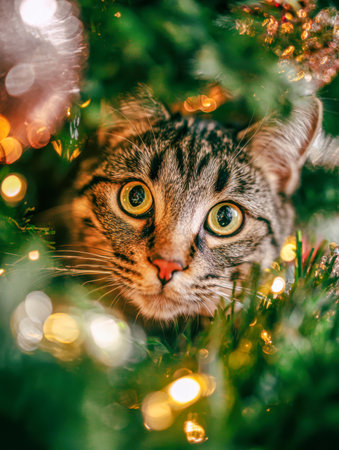 A playful tabby cat's curious eyes peek through lush holiday foliage adorned with twinkling lights, evoking warmth and seasonal wonder in a charming winter scene.の写真素材