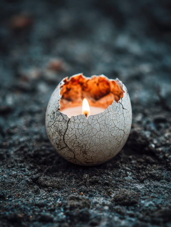A gentle glow emerges from a flickering flame nestled within a fragile shell fragment, resting on...