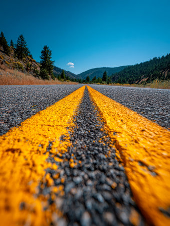 A lively streak of mustard-yellow lines guides the eye along a rugged asphalt route, leading into lush, tree-covered hills beneath a flawless azure sky.の写真素材