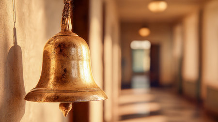 An aged brass bell suspended against a rough wall, illuminated by warm daylight spilling from a blurred corridor, evoking charm and historical warmth.の写真素材