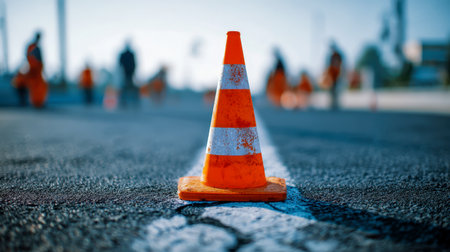 A vivid orange safety marker stands prominently on a textured asphalt surface, with indistinct construction personnel in the backdrop highlighting caution during dayの写真素材