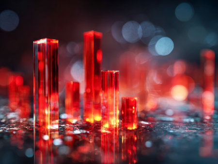 Vibrant red glass columns catch the light, casting multicolored reflections and evoking a sleek, modern skyline against a soft, luminous bokeh backdrop.の写真素材