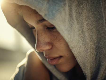 A serene individual in a gray hoodie gazes downward, softly illuminated by gentle sunlight that accentuates delicate freckles and a pensive mood.の写真素材