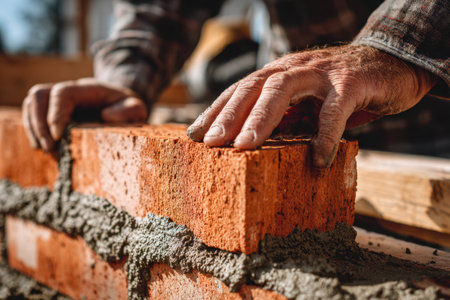 A close-up of experienced hands meticulously aligning a brick onto newly laid mortar, highlighting expertise and careful attention in craftsmanship.の写真素材
