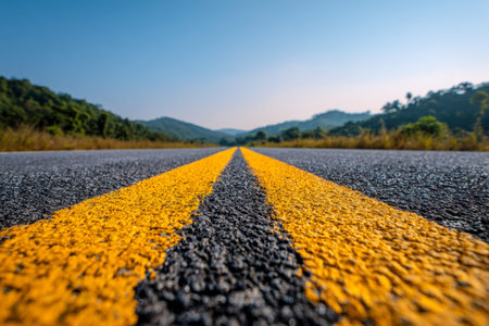 A tranquil, sunlit route cutting through lush rolling hills, featuring vibrant yellow markings that...