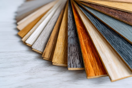 A spread of diverse wood veneer swatches showcases earthy hues and intricate grain details, perfect...