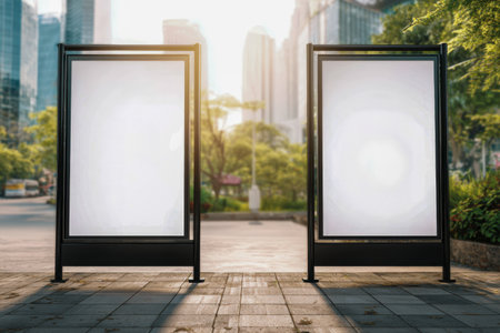 Stylish empty display panels line a bustling city sidewalk, with skyscrapers and lush greenery in the backdrop under bright sunlight.の写真素材
