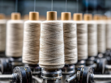 Rows of uniform beige spools are aligned on a spinning apparatus, with a soft blur highlighting the central spool, conveying industrial craftsmanship and precision.の写真素材