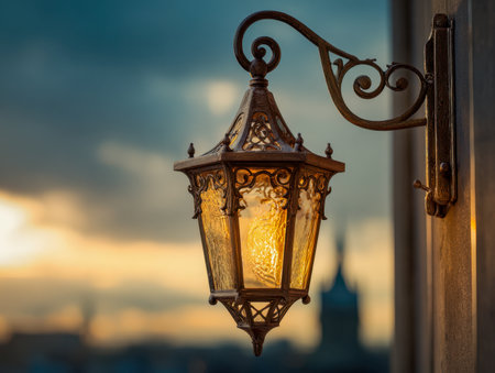 An antique lantern casts a gentle, amber glow against a weathered metal bracket, set against a hazy city silhouette under a brooding, twilight sky.の写真素材