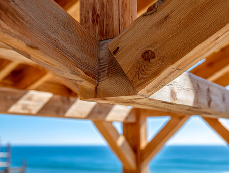 A close-up captures expertly crafted wooden joints in beams, framing a tranquil ocean vista beneath a clear, sunlit sky, highlighting craftsmanship and natural harmony.の写真素材