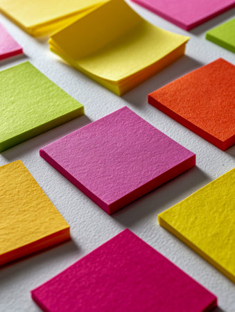 An orderly array of bright sticky notes lines a textured white background, fostering a lively yet...