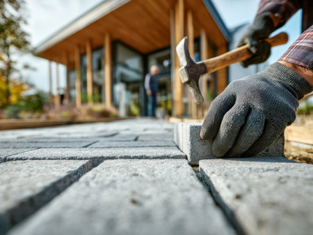 A skilled craftsman in sturdy gloves carefully sets neat rows of paving stones, enhancing a backyard pathway beside a sleek wooden residence on a sunny day.の写真素材