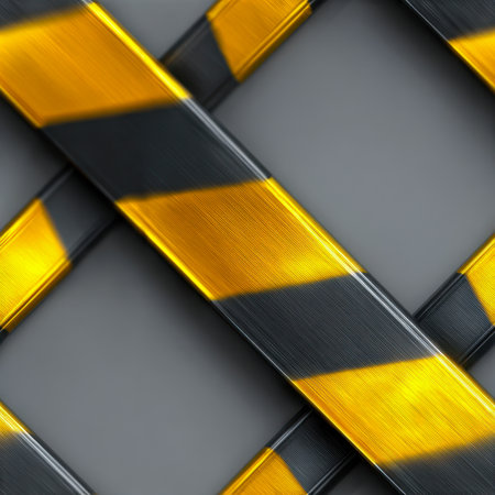 Bold diagonal black and yellow stripes form a dynamic safety mesh, contrasting sharply against a sleek gray surface, ideal for warning signals and hazard alerts.の写真素材