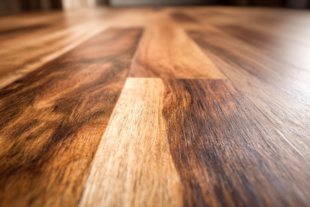 Sunlight filters across sleek, warm-toned timber planks, highlighting intricate grain designs and adding a cozy, inviting atmosphere to the space.の写真素材