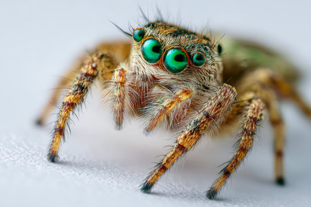 A close-up of a jumping spider showcasing striking emerald eyes and densely hairy legs, set against a gentle, unfocused backdrop that highlights its fine textured surfaceの写真素材