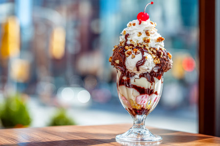 A luscious dessert goblet filled with creamy ice cream, crowned with fluffy whipped cream, crunchy...