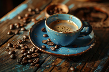 High-quality espresso coffee cup with roasted coffee beans on vintage wooden table settingの写真素材