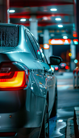 High quality silver metallic car refueling at night gas station - close-up with selective focusの写真素材