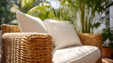A charming outdoor nook features a woven wicker chair with plush neutral-toned pillows, basking in warm sunlight amidst vibrant greenery for serene relaxation.の写真素材