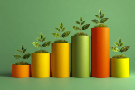 Vibrant painted pots nestled with lush green foliage, arranged to showcase a smooth rise and fall,...