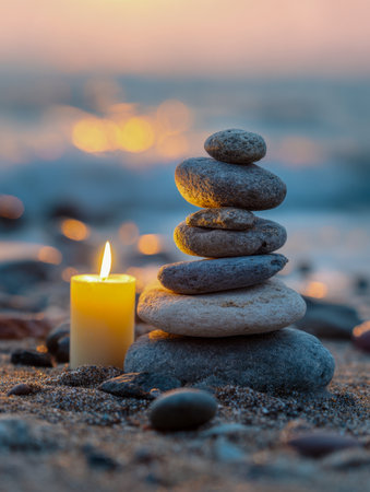 Serene sunset casts warm hues over a beach scene where a delicate arrangement of polished stones joins a softly flickering candle, inspiring calmness and reflective momenの写真素材