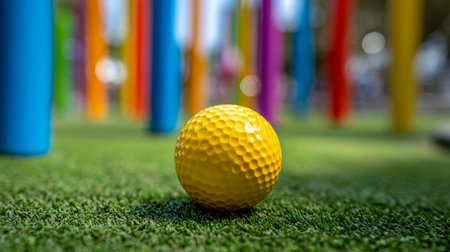 A vibrant yellow golf ball with a textured surface sits atop manicured synthetic grass, with a backdrop of softly blurred, colorful vertical poles under gentle daylight.の写真素材