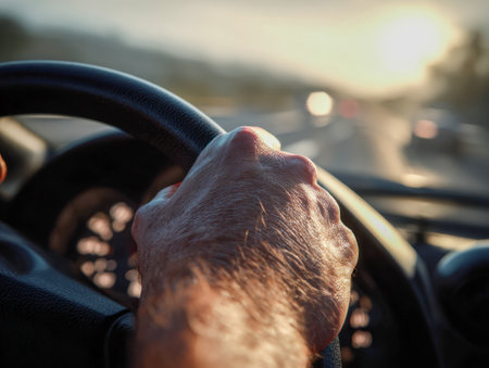 A seasoned motorist holds the wheel firmly, with the highway fading into warm, golden hues ahead, capturing a tranquil yet focused moment during sunset driving.の写真素材