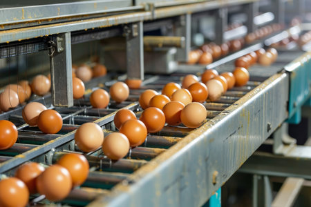 Highly efficient egg sorting equipment in busy commercial egg production facilityの写真素材