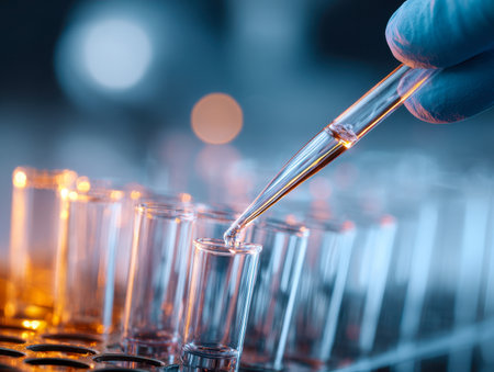 A precise technician in protective gear delicately moves a liquid substance into an array of slender glass containers, highlighting meticulous testing processes in a contの写真素材