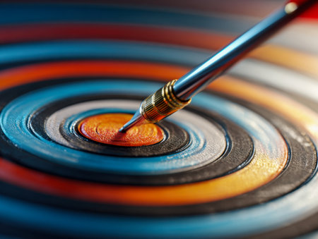 A sharp dart strikes the bullseye of a vibrant, layered target, reflecting unwavering aim and concentration in pursuing excellence and triumph.の写真素材
