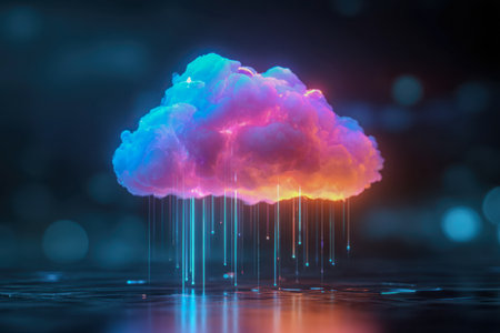 A luminous, colorful cloud radiates intense glow, with vivid neon streams cascading below, depicting dynamic information transfer in a sleek, high-tech realm.の写真素材