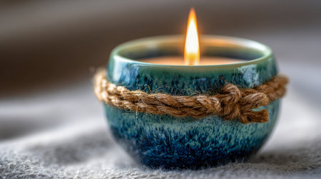 A charming ceramic vessel wrapped with rough-hewn rope, softly illuminated by a flickering flame, resting on plush fabric to evoke comfort and tranquility.の写真素材
