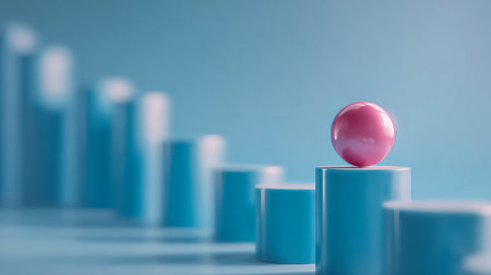 A vibrant pink sphere confidently perches atop a prominent blue column, while a line of smaller blue cylinders fades into the distance, highlighting distinctionの写真素材