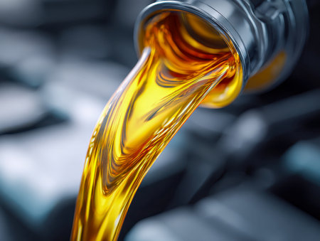A sleek stream of shimmering amber oil cascades from a metal vessel, poised for engine care, set against a softly blurred backdrop of an automotive workshop.の写真素材