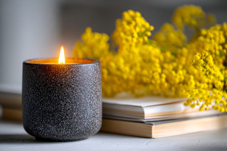 A tranquil setting with flickering flame in a dark textured holder, surrounded by open literature and bright yellow blooms, evoking calm and comfort for unwinding.の写真素材