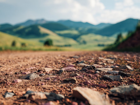 A rugged trail of earth and stones meanders through lush hills, leading toward majestic mountains under a crisp, sunlit sky on a peaceful, cloudless day.の写真素材