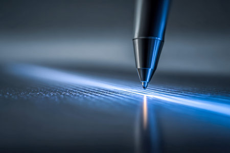 An intricately detailed close-up reveals a pen's fine tip hovering over a glossy surface,...