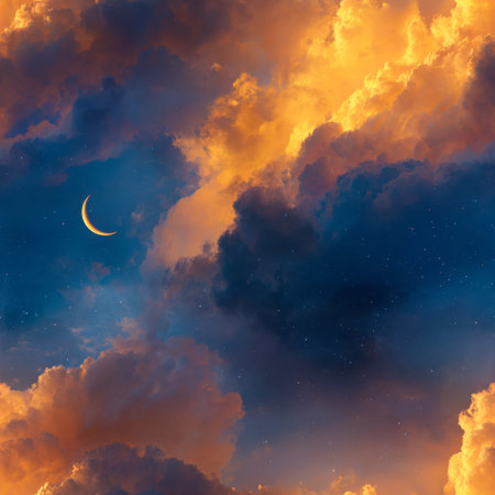 A gentle lunar glow emerges in a vivid twilight sky, where fiery orange clouds blend with deep blue hues, dotted with shimmering stars for a tranquil evening atmosphの写真素材