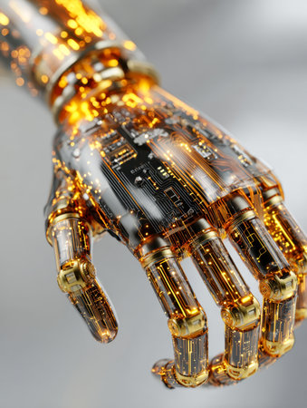 A sleek, transparent mechanical limb illuminated by radiant golden circuitry, embodied cutting-edge ai integration and advanced robotic innovation.の写真素材