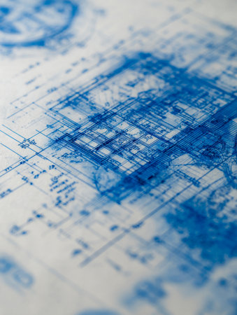 An intricate paper plan showing a building's framework, featuring exact measurements and handwritten notes in vibrant blue ink, revealing meticulous architecturalの写真素材