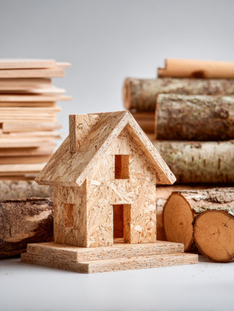 A miniature wooden residence set amid neatly arranged timber, illustrating craftsmanship, building ideas, and the essence of woodworking artistry.の写真素材