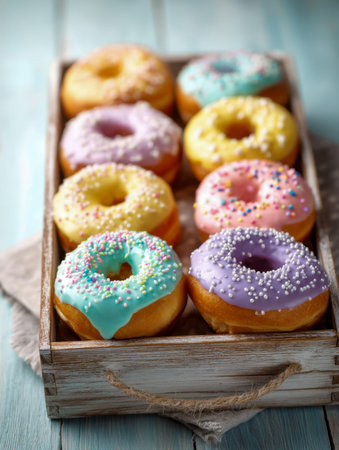 A charming display of pastel-hued donuts with vibrant sprinkles, nestled in a rustic wooden tray, set against a soft blue background for a delightful indulgence.の写真素材
