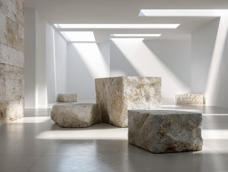 An airy white gallery with natural sunlight pouring through sleek skylights highlights rustic stone benches, creating a serene blend of raw textures and minimal design.の写真素材