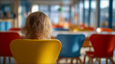 A young girl with lively curls rests quietly on a cheerful yellow seat amid a vibrant, contemporary learning space filled with vivid red and blue furniture and sunliの写真素材